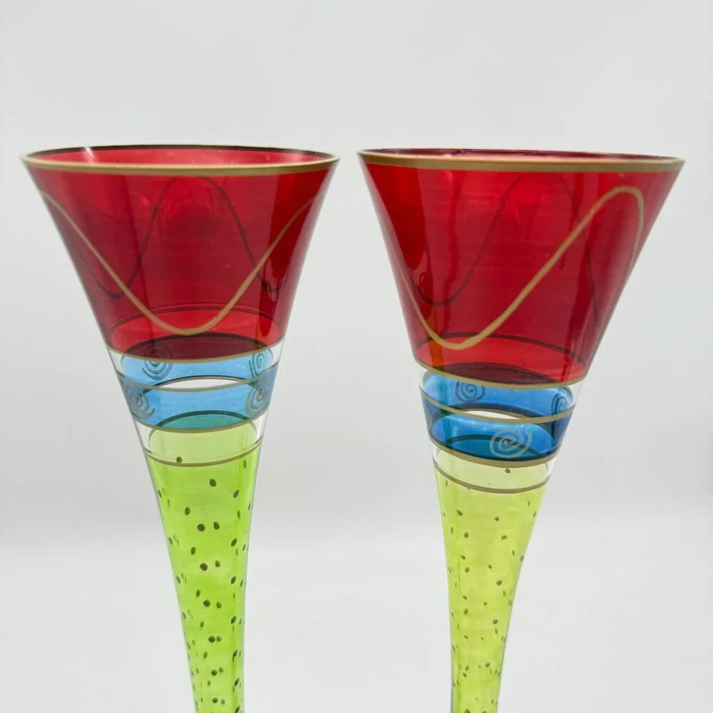 Vtg Pier 1 Handpainted Fluted Champagne Glasses (2) Vibrant Design Discontinued